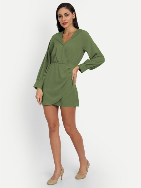 

MINGLAY Olive Green Organic Cotton Crepe Mini Dress