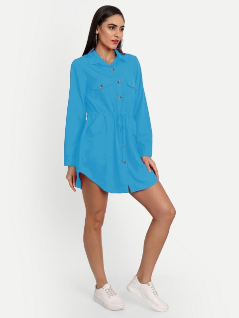 

MINGLAY Blue Organic Cotton Crepe Shirt Mini Dress