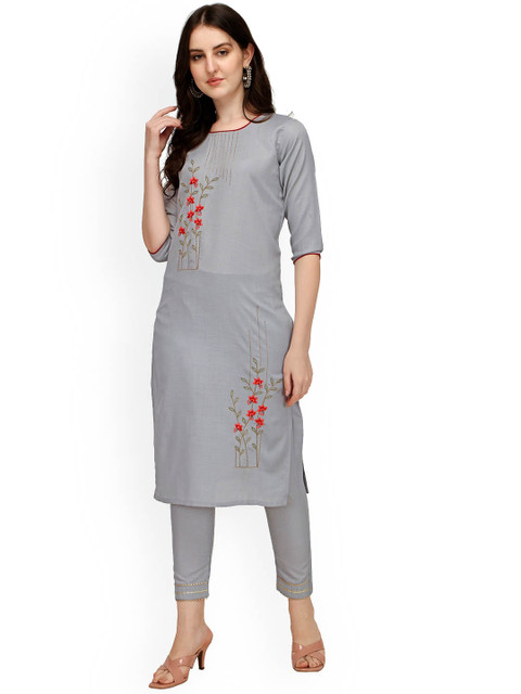

Sarvayog Fashion Women Grey Floral Embroidered Kurta with Trousers