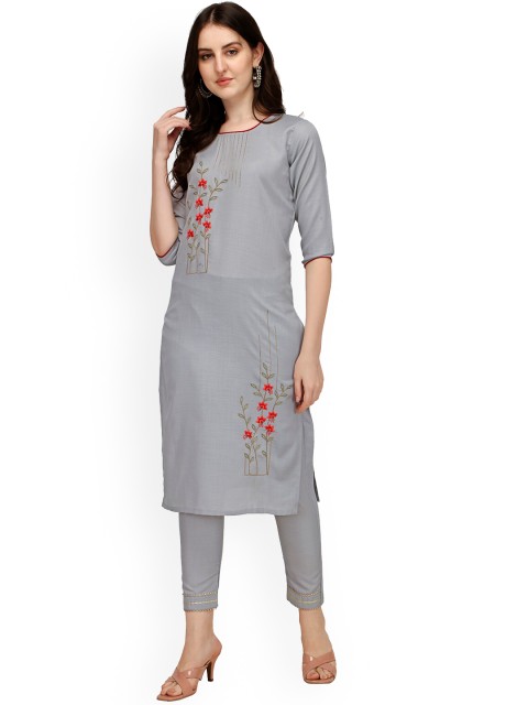 

Sarvayog Fashion Women Grey Floral Embroidered Kurta with Trousers