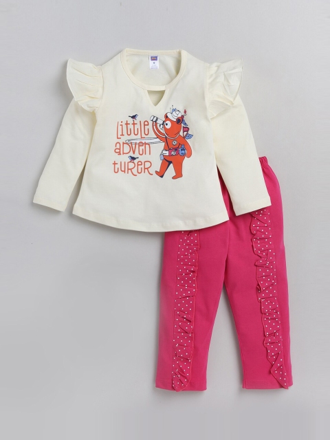 

Nottie Planet Girls Off White & Pink Printed Top With Pyjamas