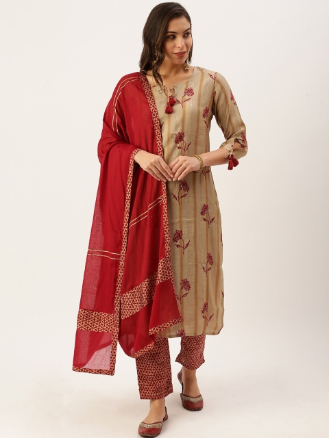

SHOWOFF Women Beige Floral Printed Kurta with Trousers & With Dupatta