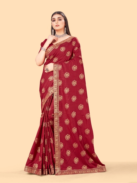 

TEREZA Women Maroon & Gold-Toned Floral Zari Silk Blend Saree
