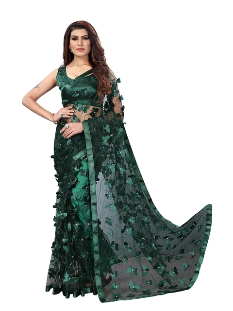 

TIEXA Green Geometric Embroidered Net Saree