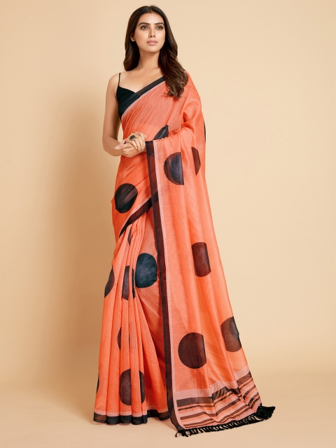 

all about you Peach-Coloured & Black Polka Dots Printed Saree