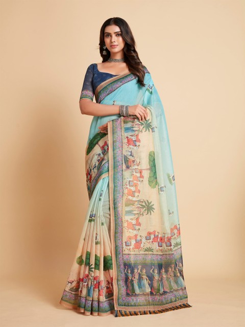 

all about you Women Turquoise Blue & Red Tribal Printed Saree