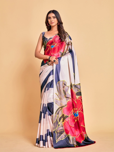 

all about you White & Red Floral Satin Saree
