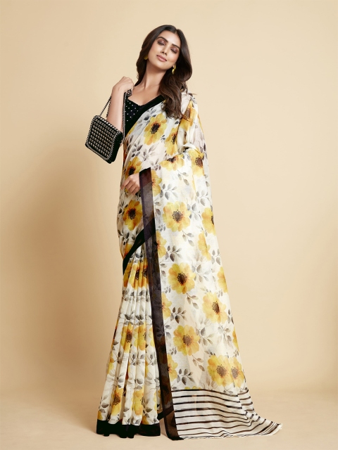 

all about you Women Cream-Coloured & Yellow Floral Saree