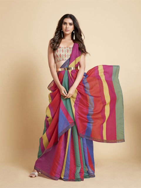 

all about you Magenta & Blue Striped Cotton Blend Saree