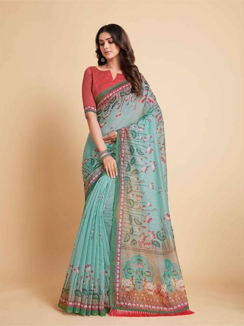 

all about you Green & Pink Floral Cotton Blend Ready to Wear Saree