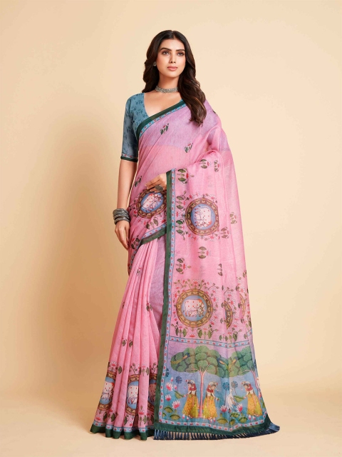 

all about you Pink & Green Floral Printed Cotton Blend Saree