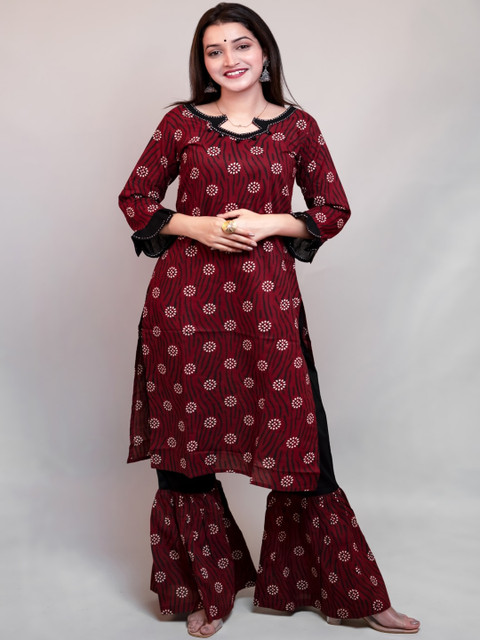 

KALINI Women Maroon Ethnic Motifs Printed Pure Cotton Kurta Set