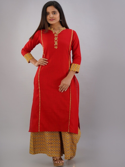 

KALINI Women Red Ethnic Motifs Yoke Design Panelled Pure Cotton Kurti with Palazzo Set