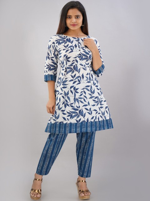 

KALINI Women White & Blue Floral Printed Kurta with Trousers