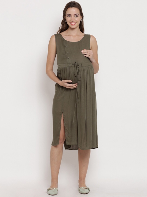 

Mine4Nine Women Olive Green A-Line Rayon Maternity Dress