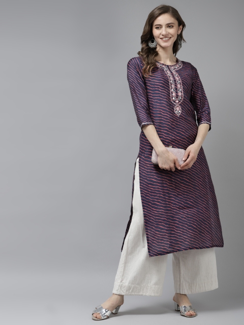 Yufta Women Navy Blue & Red Leheriya Embroidered Mirror Work Kurta