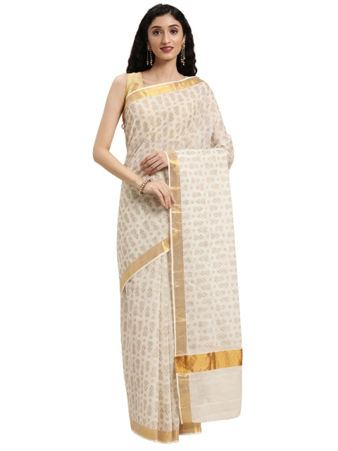 

Pavechas Women White & Gold-Toned Zari Pure Cotton Kasavu Saree
