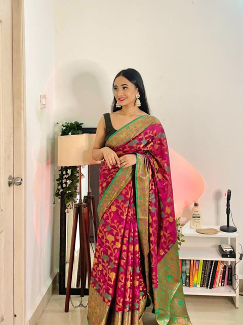 

Mitera Pink & Green Floral Zari Organza Kanjeevaram Saree