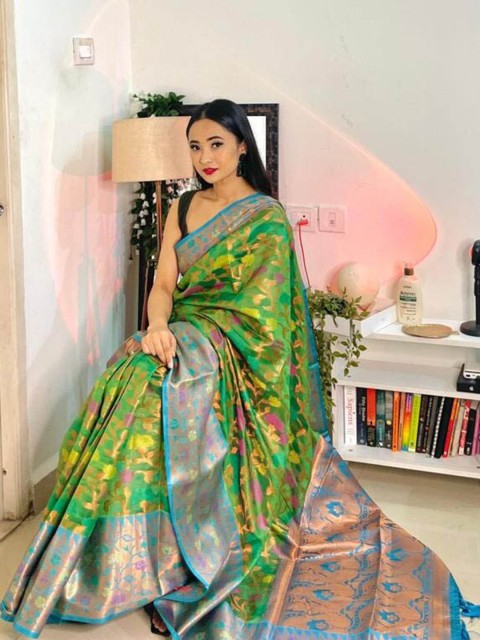 

Mitera Green & Blue Floral Zari Organza Kanjeevaram Saree