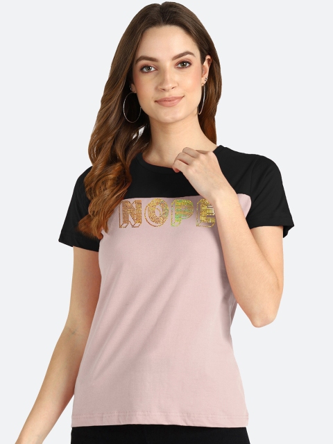

shashvi Women Mauve & Black Typography Printed T-shirt