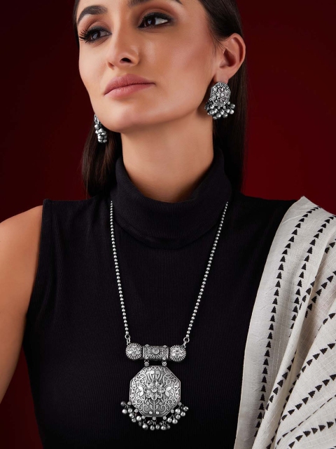 

Rubans Oxidised Silver-Plated White Stone-Studded & Beaded Jewellery Set