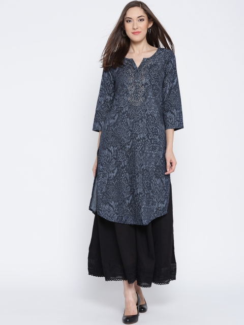 

Biba Women Blue Printed Chambray Straight Kurta