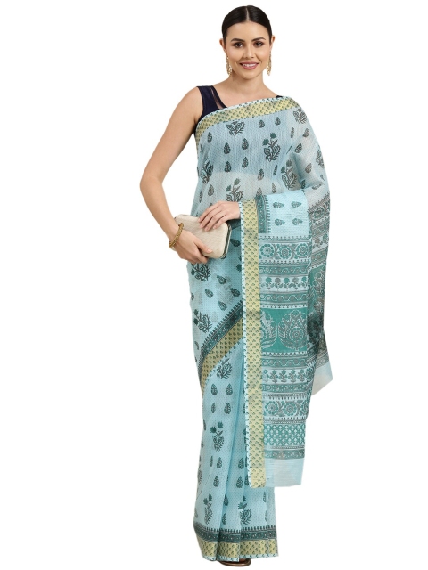 

Pavechas Blue Floral Zari Jute Cotton Mangalagiri Saree