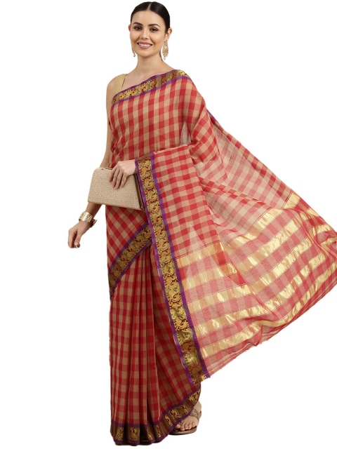 

Pavechas Beige & Purple Checked Zari Pure Cotton Dharmavaram Saree