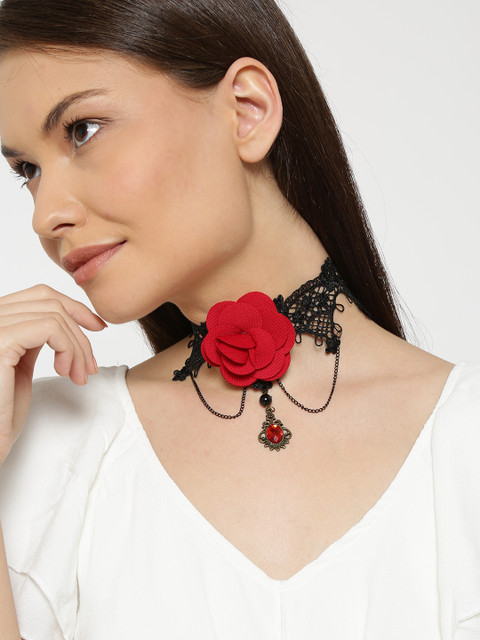 

Shining Diva Black & Red Floral Crochet Choker Necklace