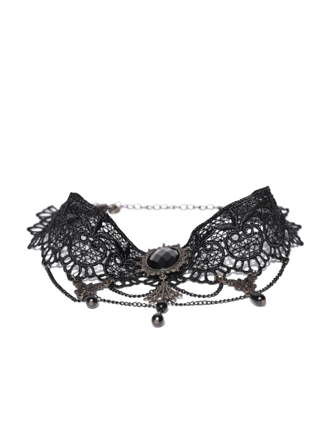 

Shining Diva Black & Antique Gold-Toned Stone-Studded Crochet Choker Necklace