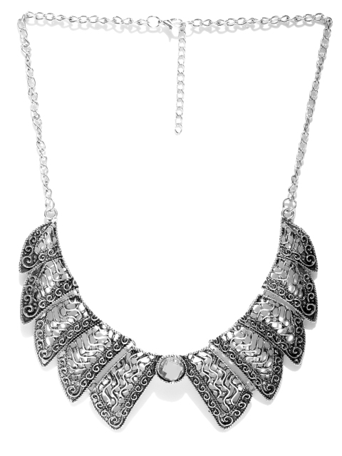 

Shining Diva Oxidised Silver-Toned Stone-Studded Statement Necklace