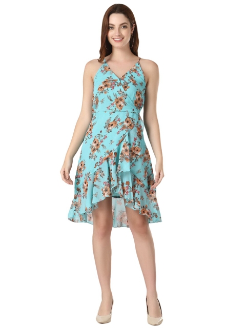 

D 'VESH Blue & Brown Floral Printed Georgette Dress