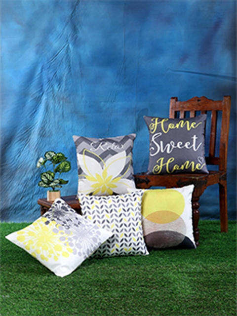 

SOKNACK Grey & Yellow Set of 5 Abstract Square Cushion Covers
