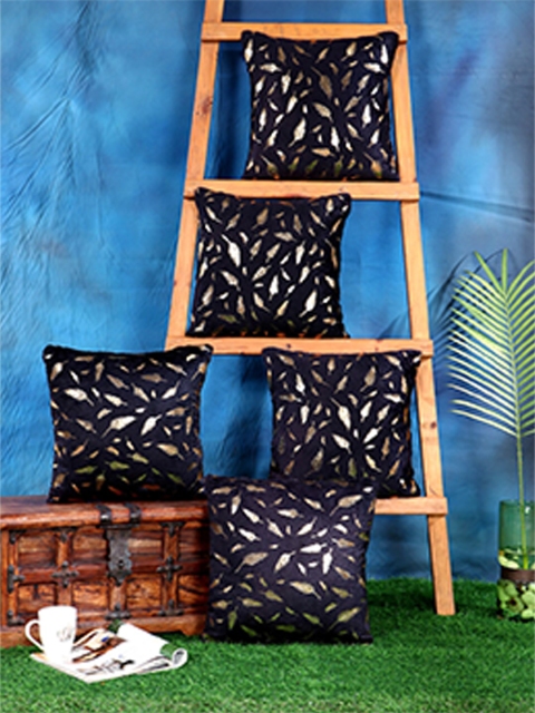 

SOKNACK Black & Gold-Toned Set of 5 Floral Square Cushion Covers