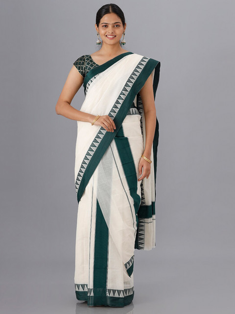 

Ramraj Cream-Coloured & Green Kasavu Saree