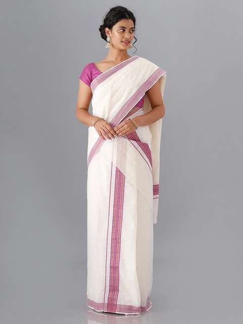 

Ramraj Women Cream-Coloured & Purple Zari Kasavu Saree