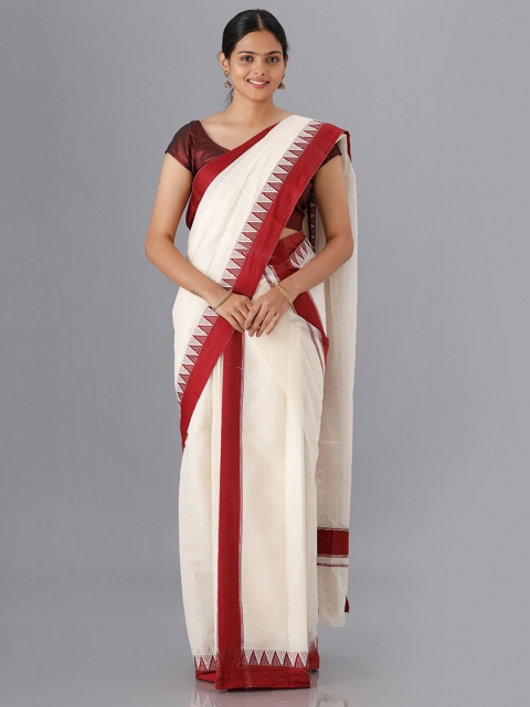 

Ramraj Women Cream-Coloured & Red Kasavu Saree
