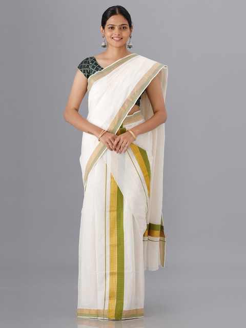 

Ramraj Women Cream-Coloured & Green Zari Kasavu Saree