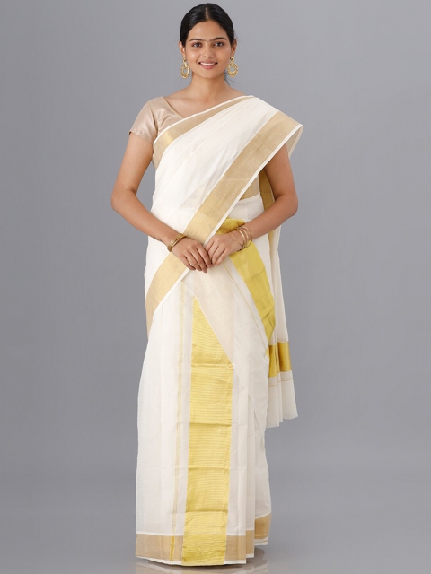 

Ramraj Women Cream-Coloured & Gold-Toned Zari Kasavu Saree