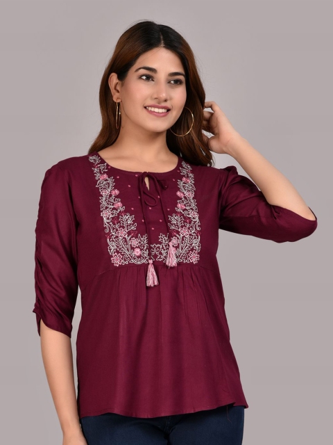 

Meeranshi Women Maroon Embroidered Liva Top