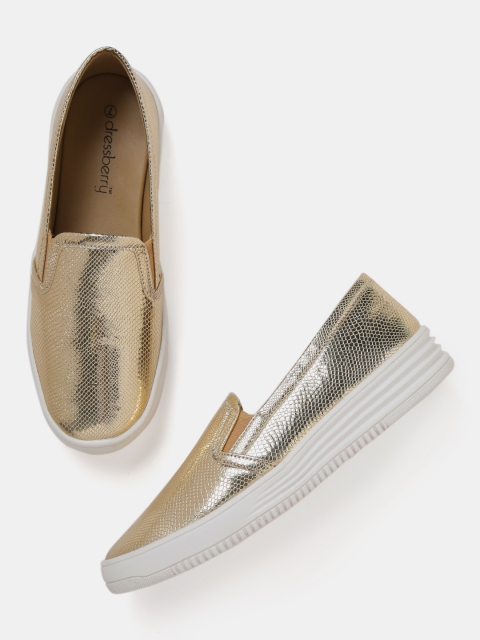 

DressBerry Women Gold-Toned Textured Slip-On Sneakers
