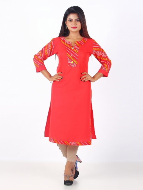 

GREEN DRAGONFLY Red Bandhani Printed Kurta