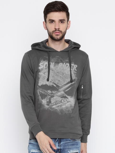 

Roadster Men Grey Printed Hooded Sweatshirt