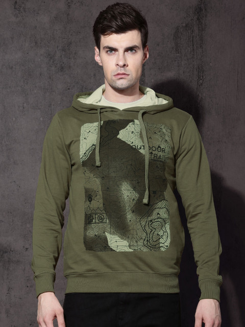 

Roadster Men Green Printed Hooded Sweatshirt