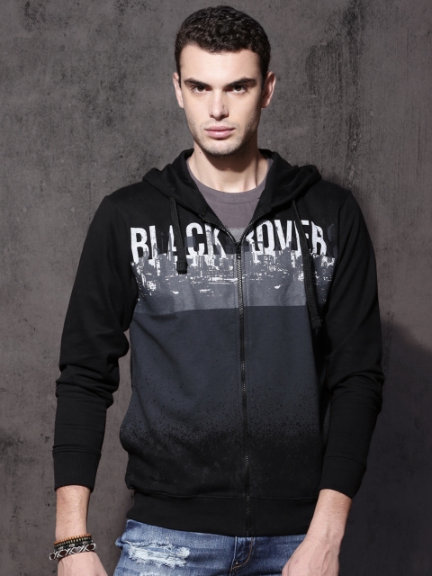 

Roadster Men Black Printed Hooded Sweatshirt