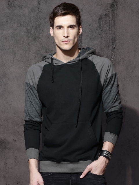 

Roadster Men Black & Grey Solid Hooded Sweatshirt