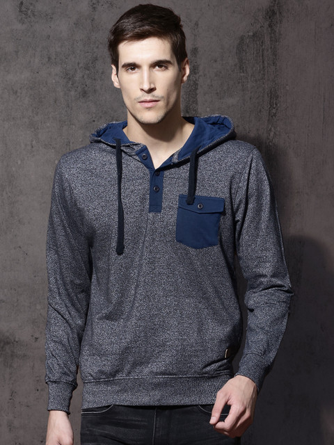 

Roadster Men Navy Self Design Hooded Sweatshirt, Navy blue