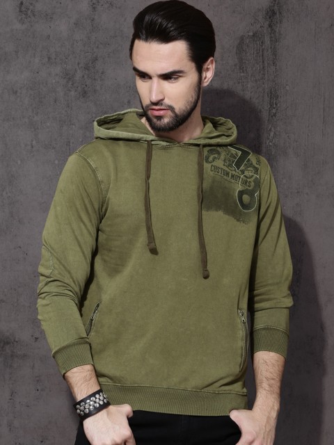 

Roadster Men Olive Green Printed Hooded Sweatshirt
