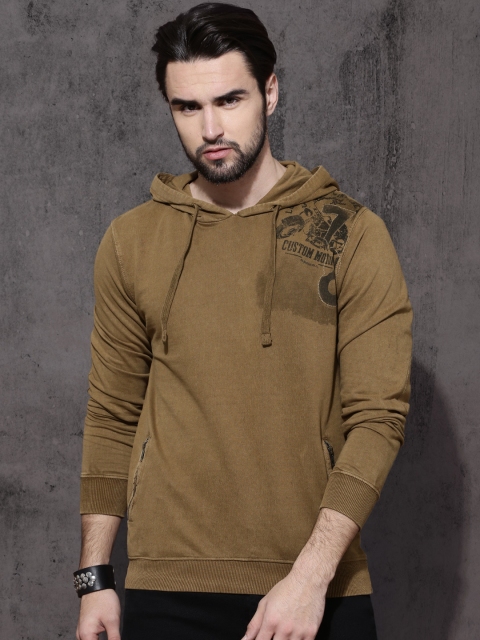 

Roadster Men Khaki Printed Hooded Sweatshirt