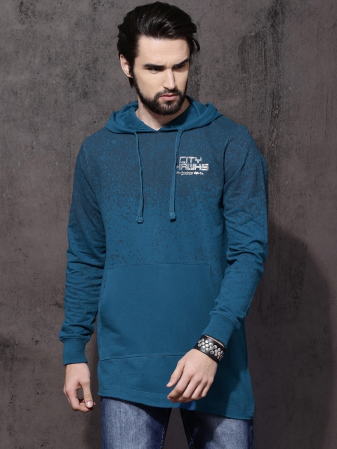 

Roadster Men Blue Printed Hooded Sweatshirt
